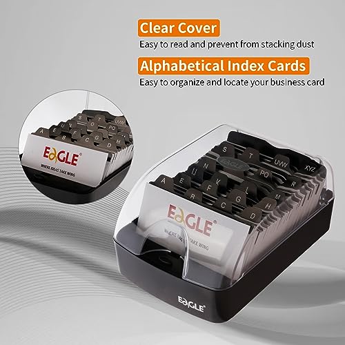 Eagle Business Card Box, Push-Button,Storage up to 350 Cards | Clear push-button cover, 20 A-Z index guides, adjustable card support, fits standard 2 x 3.5 in business cards, black