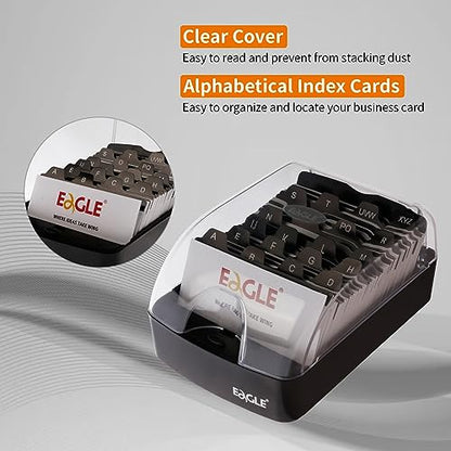 Eagle Business Card Box, Push-Button,Storage up to 350 Cards | Clear push-button cover, 20 A-Z index guides, adjustable card support, fits standard 2 x 3.5 in business cards, black