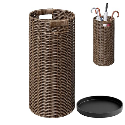 Rattan Umbrella Holder 21"H X 10"D, Handmade Wicker Umbrella Stand Indoor with Dip Tray, Sturdy Umbrella Holders for Entryway, Umbrella Bucket Fits Mudroom,Walking Canes,Home,Office (Brown)