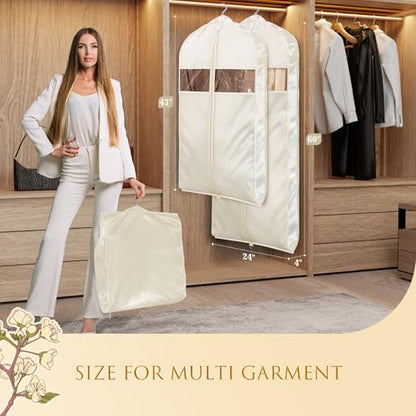 Univivi Satin Garment Bags for Hanging Clothes, Apricot, 60 Inch, 2 Pack | Soft Silk Garment Bag Zippered Dress Cover with Gussets and Clear Window, Breathable and Non-smell for Shirts, Coats, Jackets
