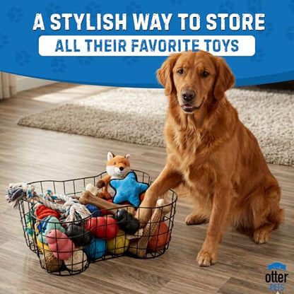 OtterPets Metal Dog Toy Basket Bone Shaped Indestructible Dog Toy Bin 17x13 | 17" long, 13" wide, 7" tall, metal wire dog storage organizer, dog toy bin, dog toy box, pet toy basket, dog toy storage