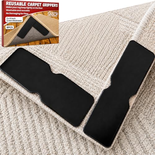 Rug Grippers for Hardwood Floors, No Damage Reusable Non Slip Rug Tape Pads, Washable Strong Adhesive Carpet Grippers for Area Rugs, Keep Corners Flat, Low-Profile Floor-Safe Removal (8)
