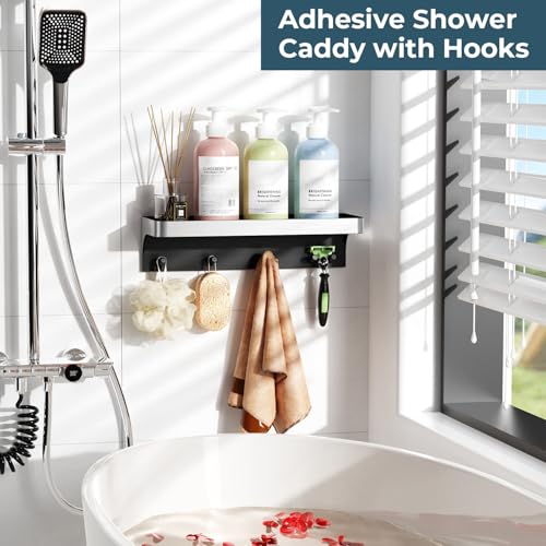 Shower Caddy Adhesive with 5 Hooks & Drainage, No-Drill, Silver | Plastic Wall Bathroom Shelf Rack Organizer, Inside Shower Storage Holder for Bath Accessories, Rustproof Bathroom Shelves