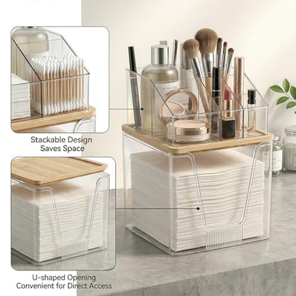 Disposable Facial Towels Holder, 2 in 1 Facial Towels Storage Box | Clear Acrylic Box with Bamboo Lid Stackable Vanity Organizer Cosmetics Organizer Compatible with Clean Skin Club Towel XL