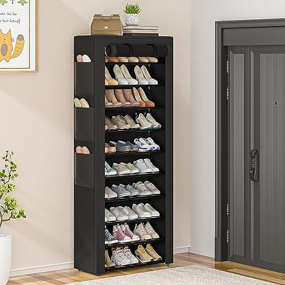 Large Shoe Rack, Black, 6 Side Pockets, 23.6" Wide x 11.4" Deep x 68.9" Tall, 36-41 Pairs of Shoes | Space Saving Fabric Cover Shoe Organizer Shelf for Closet, Bedroom, Garage, Entryway, Narrow Free Standing Cabinet Holder