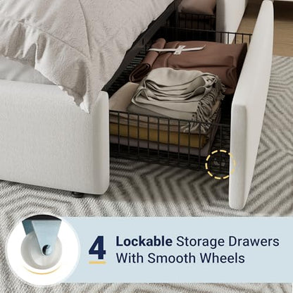 Allewie Modern Queen Size Platform Bed Frame with 4 Storage Drawers | Velvet Upholstered Headboard, Wooden Slats Support, Upholstered Mattress Foundation/No Box Spring Needed/Easy Assembly, White