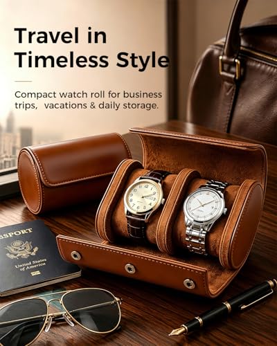 Watch Travel Case for Men: Watch Roll Box 2-Slot with Removable Pillows | Soft Lining, Snap Closure, Portable Storage Compact Organizer for Travel & Display - Gift for Men (Brown)