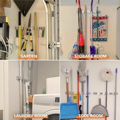 Broom Holder Wall Mount Mop Hanger Tools organizer 5Racks 4Hooks | Adjustable Mop Broom Wall Hanging Heavy duty Tools Storage Rack Space-saving for Garage,Kitchen,Laundry Room,Garden, Silver