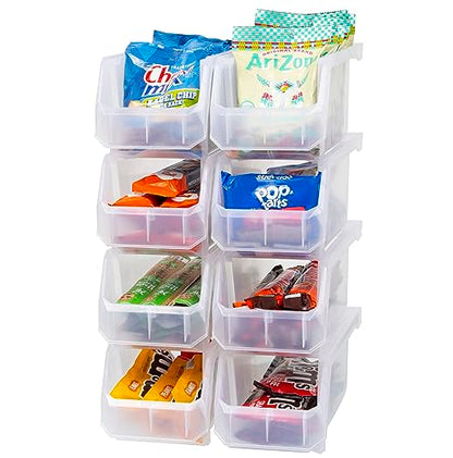 Medium Plastic Storage Bins, Stackable Organizer Containers for Closet Pantry Shelf Garage and Office Organization, Clear, 8 Pack | Open-Front Stackable Bins For Garage, Pantry, Closet & Office, 11"L X 5,5"W X 5"H, Nests When Empty, Durable Plastic,