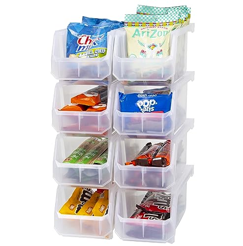 Medium Plastic Storage Bins, Stackable Organizer Containers for Closet Pantry Shelf Garage and Office Organization, Clear, 8 Pack | Open-Front Stackable Bins For Garage, Pantry, Closet & Office, 11"L X 5,5"W X 5"H, Nests When Empty, Durable Plastic,