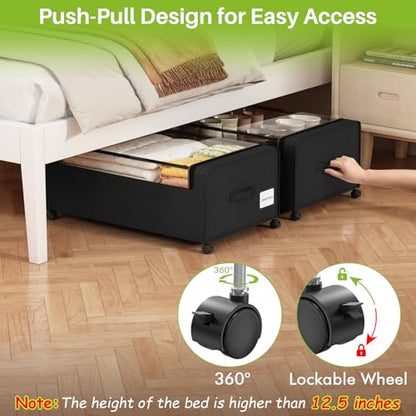 Webetop Under Bed Storage Containers with Wheels & Clear Lid 12 inch 2 Pack | Durable Construction, Smooth Movement, Hidden Storage, Bedroom Organization, Blanket And Clothing Storage, Convenient Access