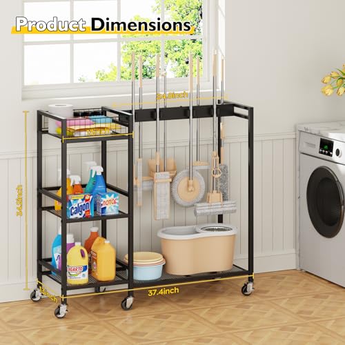 Broom Holder with Cleaning Supplies Organizer, Movable Broom Closet Storage Cabinet with Cleaning Caddy, Cleaning Cart with Mop Rack, Janitorial Housekeeping Cart on Wheels, Laundry Room Organization