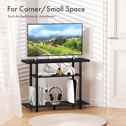 Bamboo TV Stand, Small TV Stands for up to 32 Inch, 3-Tier Entertainment Center TV Shelf with Storage, Sturdy Corner TV Stand for Bedroom, Black, 31.5 x 24.2 x 11.8 inches