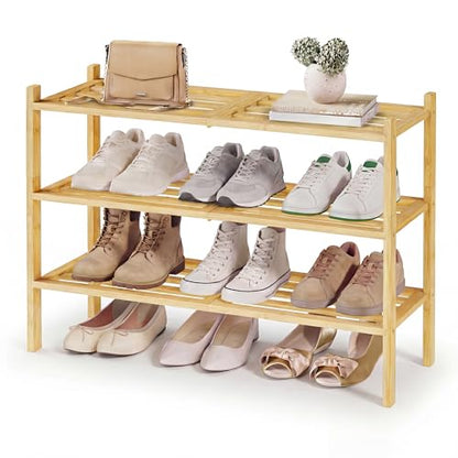 SONGMICS Bamboo Shoe Rack for Closet, Stackable Shoe Oragnizer with Modular Structure, Space-Saving Free Standing Shelf for Entryway Bedroom, 3-Tier, Holds 12-16 Pairs, Natural Color ULBS053YL01