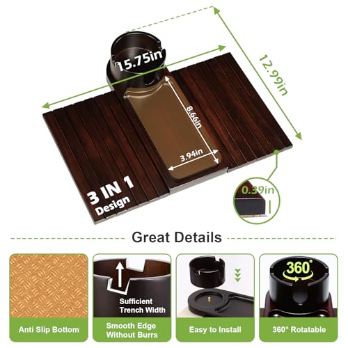 Couch Cup Holder,Bamboo Couch Arm Tray with 360° Rotating Cup Holder,Foldable Anti-Slip Sofa Arm Chair Tray for Eating Snack Drink Side Table