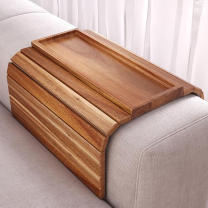 Acacia Wood Folding Sofa Arm Tray with Anti-Slip Pad | Couch Armrest Tray,Foldable,for Drinks,Snacks,Phone,Remote Control,Space Saving Storage, No Assembly,Gift box