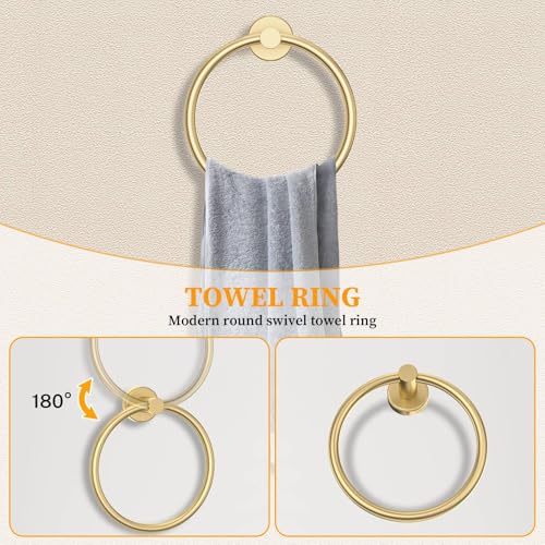 Brushed Gold Towel Bar Set 10 Pieces Round Bathroom Hardware Set Includes 23.6in Towel Bar Towel Ring Toilet Paper Holder Towel Hooks Stainless Steel Wall-Mounted Bathroom Towel Holder Set