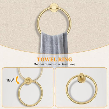 Brushed Gold Towel Bar Set 10 Pieces Round Bathroom Hardware Set Includes 23.6in Towel Bar Towel Ring Toilet Paper Holder Towel Hooks Stainless Steel Wall-Mounted Bathroom Towel Holder Set