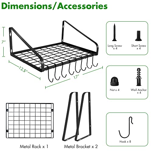Hanging Pots & Pans Rack,Wall Mounted Pots Pans Organizer Holder Rack with 8 Hooks, Kitchen Wall Storage Organizer Hanger Shelves for Pans Set, Utensils, Cookware, Books, Household,Black