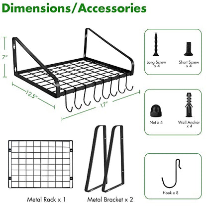 Hanging Pots & Pans Rack,Wall Mounted Pots Pans Organizer Holder Rack with 8 Hooks, Kitchen Wall Storage Organizer Hanger Shelves for Pans Set, Utensils, Cookware, Books, Household,Black