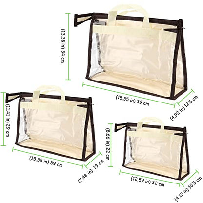 18 Pack 3 Sizes Clear Handbag Storage, Clear Purse Protector Bag with Zipper and Handle Purse Storage Dust Bags for Closet, Beige and Transparent