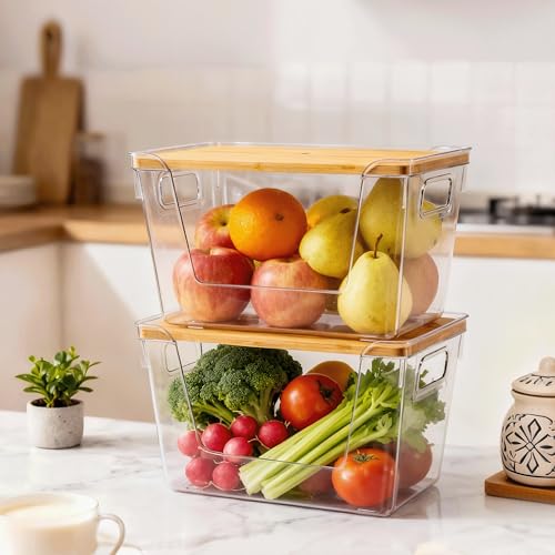 2 Set Pantry Organizers and Storage with Bamboo Lids, Stackable Clear Bins for Onion, Potato, Fruit, Vegetables, Trash Bag Dispenser, Kitchen and Under Sink Organizer