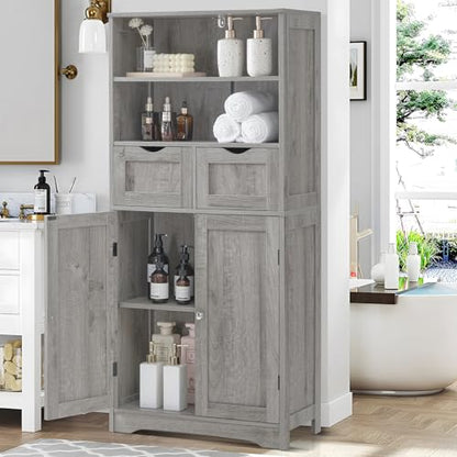 Iwell Storage Cabinet with 2 Drawers & Adjustable Shelf, Tall Bathroom Cabinet with Doors, Cupboard, Kitchen Cabinets for Living Room, Dining Room, Entryway, Grey