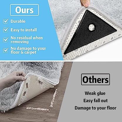 8 Pcs Rug Tape, Reusable Washable Grippers for Rugs, Double Sided Non-Slip Rug Pads for Hardwood Floors, Rug Stoppers to Prevent Sliding (Black)
