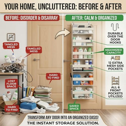 UPGRADED 6 Tiers Over The Door Organizer Hanging - 100D EXTRA THICK & 50lbs HUGE CAPACITY, 12 Side Mesh Pockets Over The Door Shoe Organizer, Hanging Closet Organizer (Ivory, 1pc)