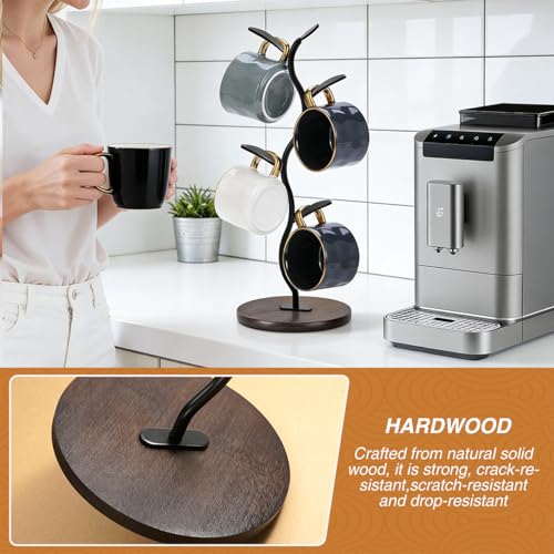 Mug Holder, Coffee Mug Holders Tree with 5 Hooks, Metal Coffee Cup with Stable Wooden Base, Countertop Organizer for Kitchen & Cafe