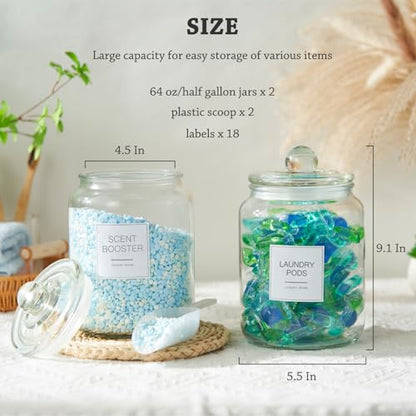 FyndraX Laundry Pods Glass Jars - Half Gallon Airtight Containers with Scoop and Labels for Organization and Storage Laundry Room Detergents Powder, Scent Booster Beads Holder, Set of 2