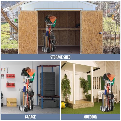 Garden Tool Organizer Holds 50 Long-Handled Tools/Rakes/Brooms/Shovles for Garage Organization and Storage, Shed, Outdoor, Lawn, Heavy-Duty Steel, Black, Easy Assembly (Corner Tool Organizer)