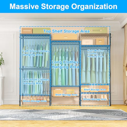 E13C Heavy Duty Closet Organizer System，Freestanding Clothing Racks for Hanging Clothes，Adjustable Garment Rack 63" W x 16" D x 77" H Hold 960 lbs，Black Clothing Rack with Black Dustproof Cover