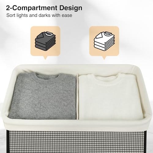 Double Laundry Hamper with Lid, 140L Large 2 Section Laundry Sorter, Laundry Basket with Removable Washable Canvas Liner Bag, Breathable Clothes Hamper for Bedroom Bathroom Laundry Room Closet
