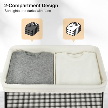 Double Laundry Hamper with Lid, 140L Large 2 Section Laundry Sorter, Laundry Basket with Removable Washable Canvas Liner Bag, Breathable Clothes Hamper for Bedroom Bathroom Laundry Room Closet