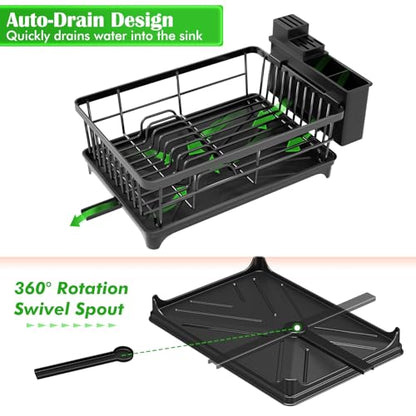 Kmiectse Dish Drying Rack for Small Kitchen Counter with Utensil Holder | Space Saving, Rust Resistant, Quick Drainage Dish Rack, Compact Dish Drainer Organizer for Home Kitchen, Black