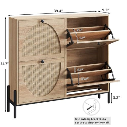 IRONCK Rattan Shoe Cabinet Storage with 4 Flip Drawers, Oak | Freestanding Shoe Storage Organizer Cabinet for Entryway, Narrow Shoe Rack Cabinet