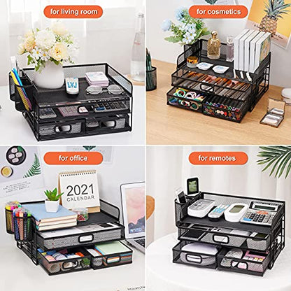 Marbrasse 3 Tier Mesh Desk Organizer with Drawer, Multi-Functional Desk Organizers and Accessories, Paper Letter Organizer with 2 Pen Holder for Home Office Supplies (Black)