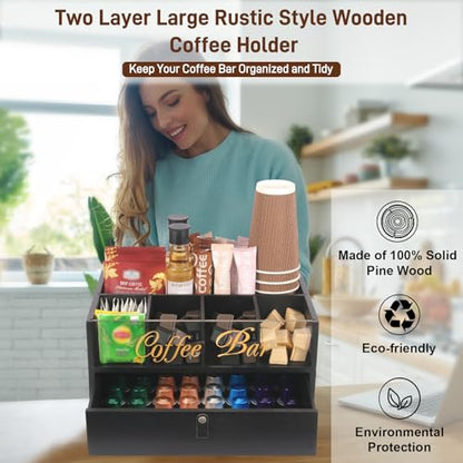 2-Tier Coffee Bar Organizer with Clear Acrylic Top, Built-in Drawer and Leather Handle Pull for Countertop, Stylish Coffee Station Storage Box for Accessories, Pods, Great Gifts for Home