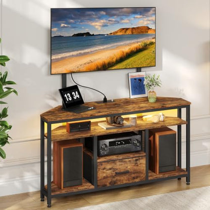 Corner TV Stand with Drawer, Entertainment Center with Adjustable Mount, Console Table with LED Light and Charging Station, Supports Up to 75-Inch TV, Rustic Brown and Black TDS05UDBF