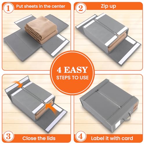 Bed Sheet Organizers and Storage,Closet Organizer Under Bed Storage | Bed Sheet Organizer with Label Cards & Clear Window for Bedding Sheets,Duvet Covers,Blankets (6 Pack,Gray)