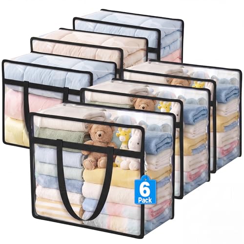 6 Pack Clear Storage Bags for Clothes, 45L Closet... (6 Count | Black)