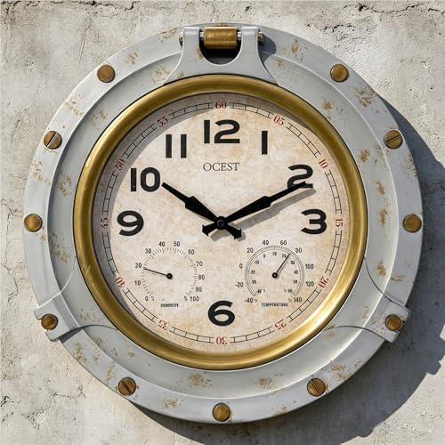 18 Inch Large Outdoor Wall Clock, Thermometer Hygrometer | Waterproof design, silent lightweight build, large easy-read numbers, vintage style for patio, garden, porch, pool, farmhouse