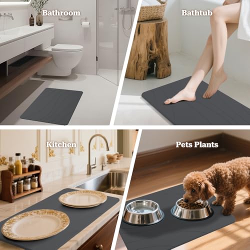 Stone Bath Mat, Quick Drying Bath Mat for Bathroom, Diatomaceous Earth Mat, Quick Dry Shower Mat, Fast Absorbent, Elegant Design, Easy to Clean - Black 23.6×15.35