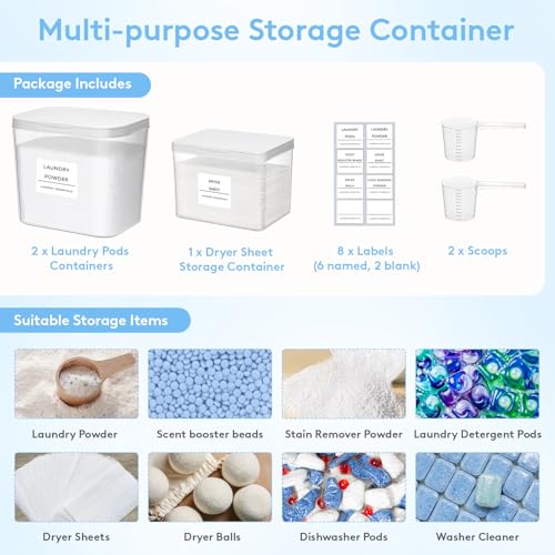 Lifewit Laundry Pods Container with Pop-up Lid, 0.72+0.5 gal, 3 Pcs | Coffee Pod, K-Cup Storage, Laundry Room Organization, Dryer Sheet Holder for Washing Powder Detergent