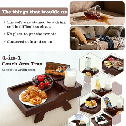 Couch Cup Holder Tray, 15.4"x9.9" Large 4 in 1 Couch Armrest Table with 360°Rotated Phone Holder, Non-Slip Clip on Side Table for Drinks/Remote/Snacks, Ideal Gift for Husband, Wife, Parents