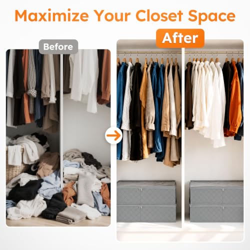 LotFancy Under Bed Storage Bags with Clear Window & Handles, 24” x 16” x 6" | Foldable Closet Organizers, Clothes Blankets Container, Space-saving Storage Bins, with Cardboard Support, Pack of 2, Gray