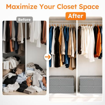 LotFancy Under Bed Storage Bags with Clear Window & Handles, 24” x 16” x 6" | Foldable Closet Organizers, Clothes Blankets Container, Space-saving Storage Bins, with Cardboard Support, Pack of 2, Gray