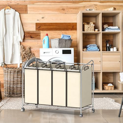 Simple Houseware 4-Bag Heavy Duty Rolling Laundry Sorter Cart, Chrome | Removable Bags and Lockable Wheels for Laundry Room Organization
