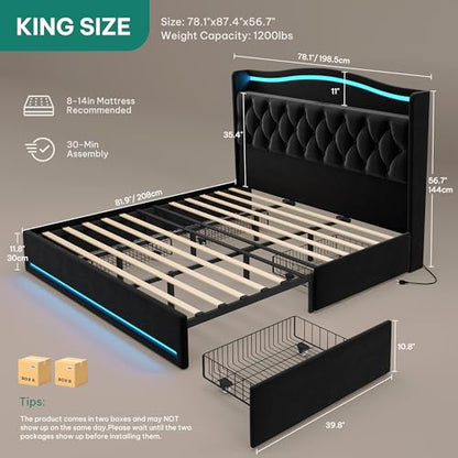 YITAHOME King Size Bed Frame with 4 Storage Drawers and RGB LED Lights